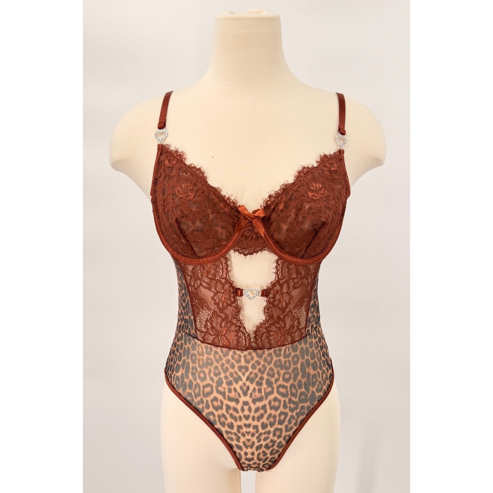 Unbranded Leopard Lace Bodysuit Women Size M Brown Rhinestone Heart Lingerie